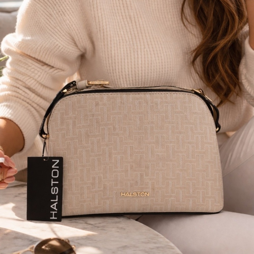 Halston Quincy Monogram Crossbody Bag Beige Gold Q5AEZEA1 NWT - Picture 3 of 5